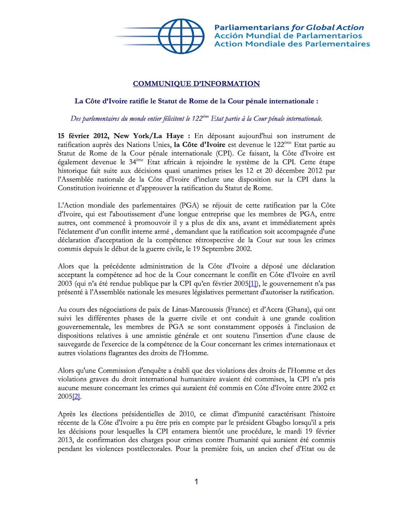 La Côte d’Ivoire ratifie le Statut de Rome de la Cour pénale